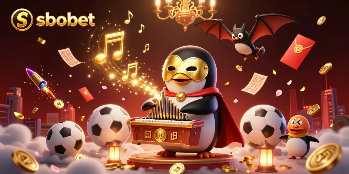 Engage in sbobet sports betting with an epic illustration of a phantom opera penguin and dynamic elements.