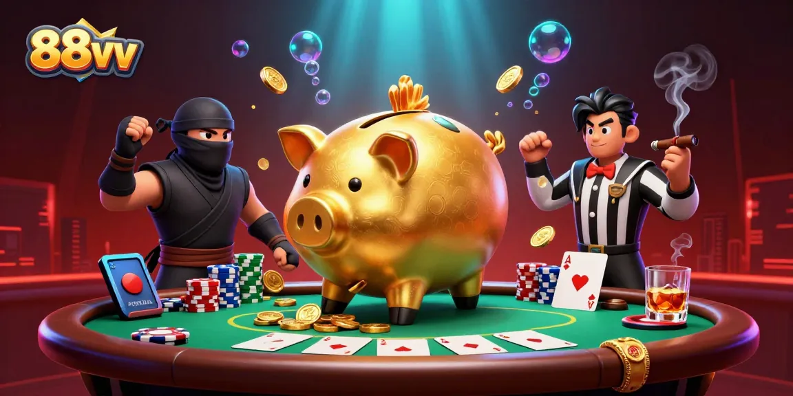 Experience thrilling poker action with 88vv's vivid illustration of a sumo wrestler, ninja, and samurai.