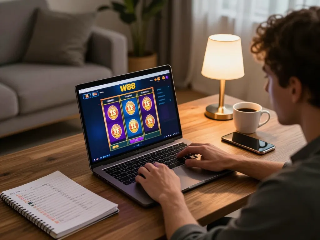 W88 online gaming session with player at home enjoying slot games on a laptop