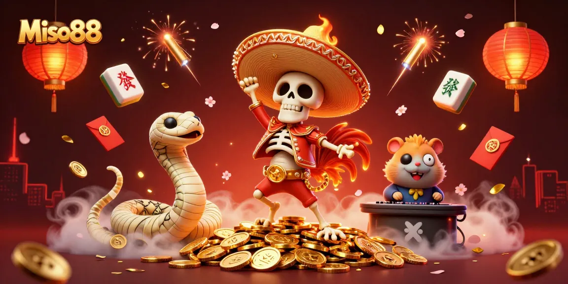 Miso88 offers an exciting 3D casino experience with vibrant characters celebrating a jackpot with golden coins and game elements.