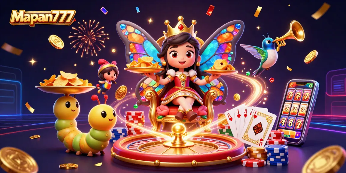 Experience the excitement of Mapan777 with a vibrant casino scene featuring a butterfly queen and playing cards.