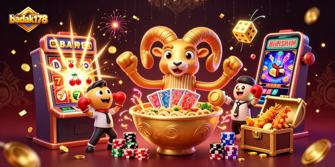 Join badak178 at the vibrant casino scene with a golden ramen bowl dealing cards and a jackpot explosion.