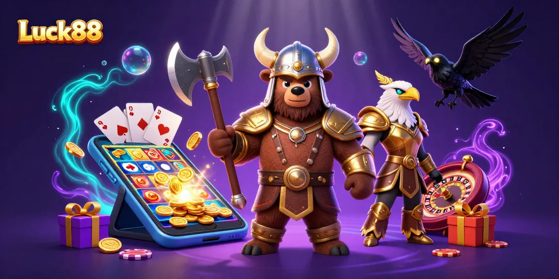 Spin the reels of Luck88 as a Viking bear and Valkyrie eagle shine amidst casino elements.