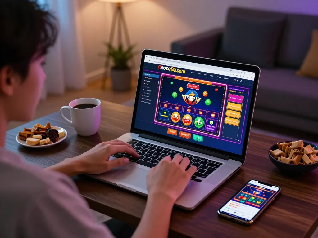 Engaging activity on xoso66com online casino platform showcasing live dealer gaming interface in a cozy home setup