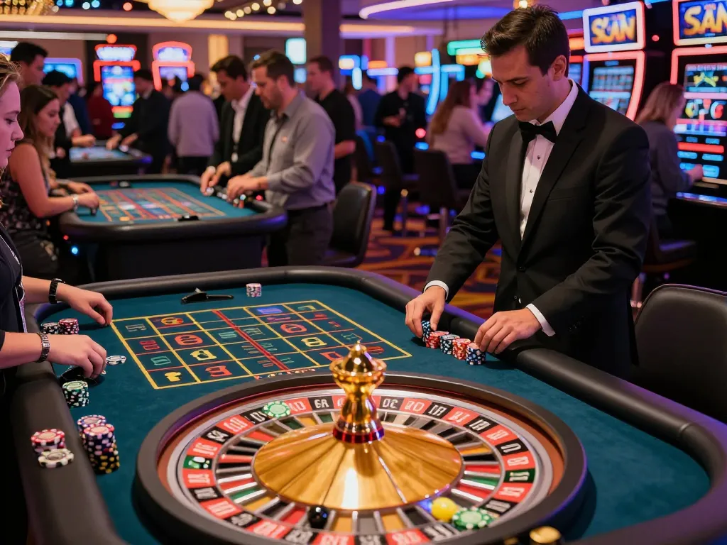 Players engaging at the XX88 casino, with roulette tables and vibrant lights creating an entertaining atmosphere.