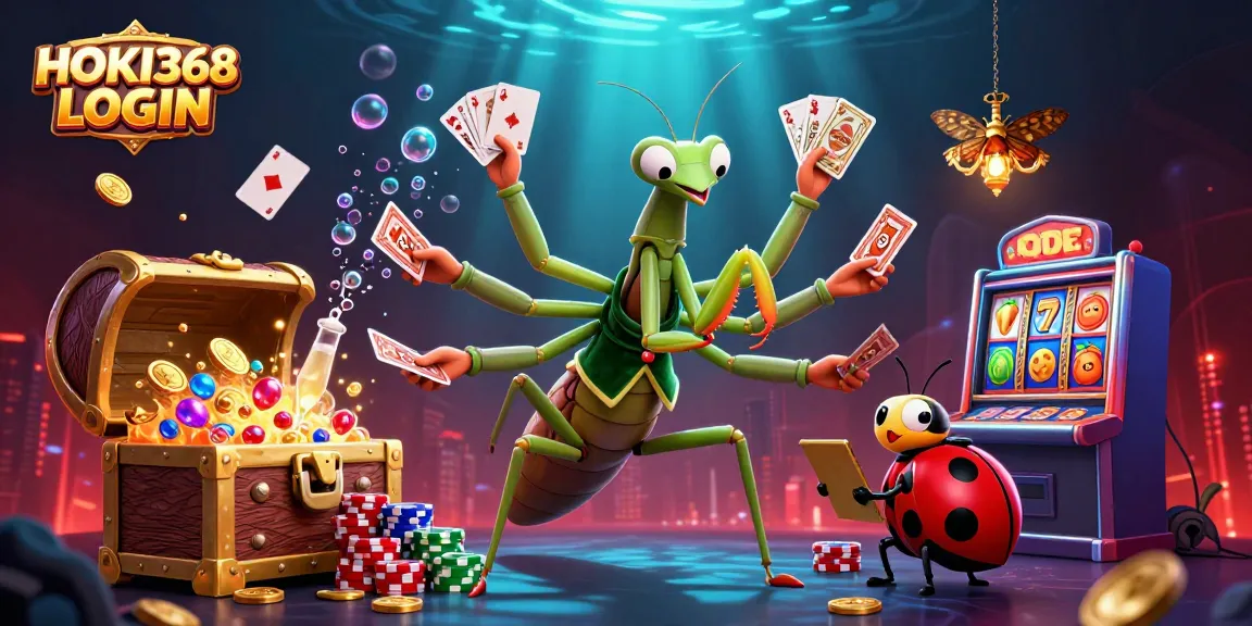 Experience the thrill of HOKI368 LOGIN with a vibrant casino scene featuring a praying mantis dealer and ladybug pit boss.