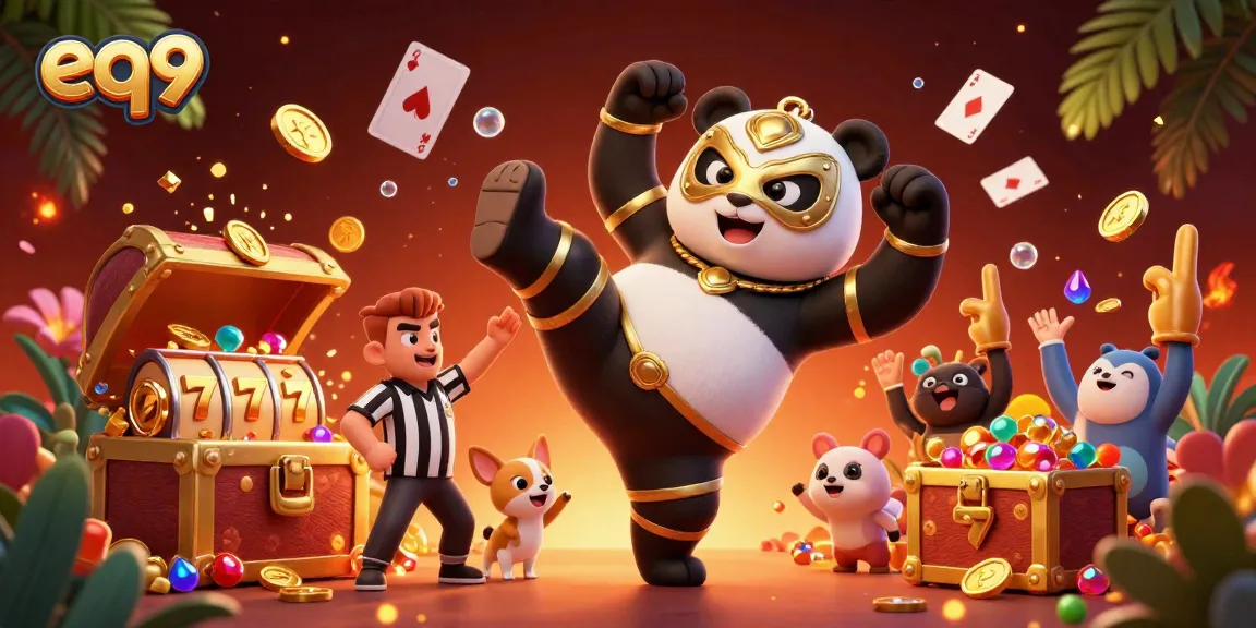 Experience thrilling gameplay at eq9, where a panda wrestler kicks amidst slot reels and vibrant casino elements.