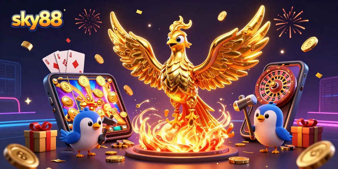 Engage with sky88's dynamic slot games featuring a golden phoenix and vibrant casino elements.