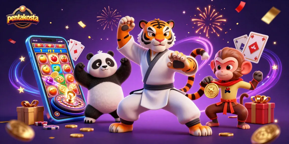 Pentakosta showcases a dragon master in a crane stance with a panda and monkey, celebrating with slot game elements.
