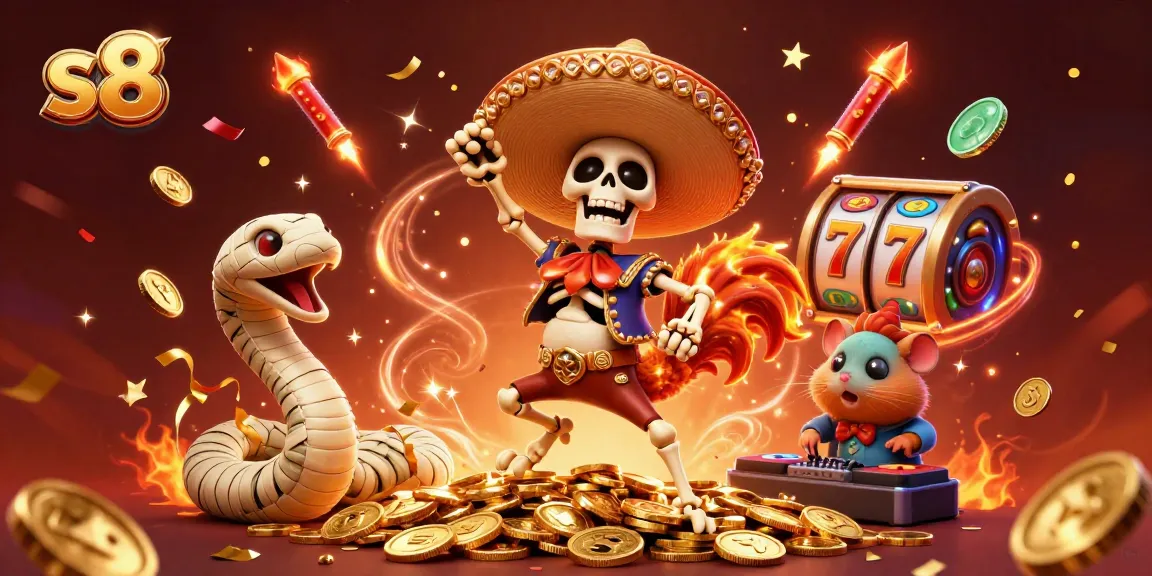 Experience the thrill of s8 slots with a vibrant illustration featuring a dancing rooster and dynamic casino elements.