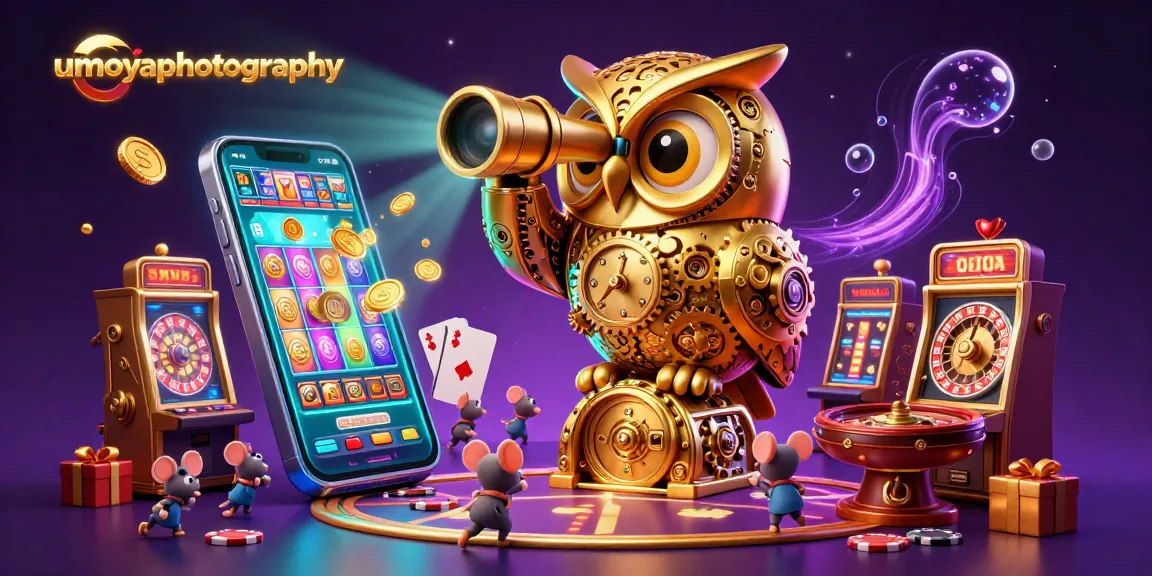 Engage with umoyaphotography's vibrant casino scene featuring a golden owl, slot machines, and winning charm.