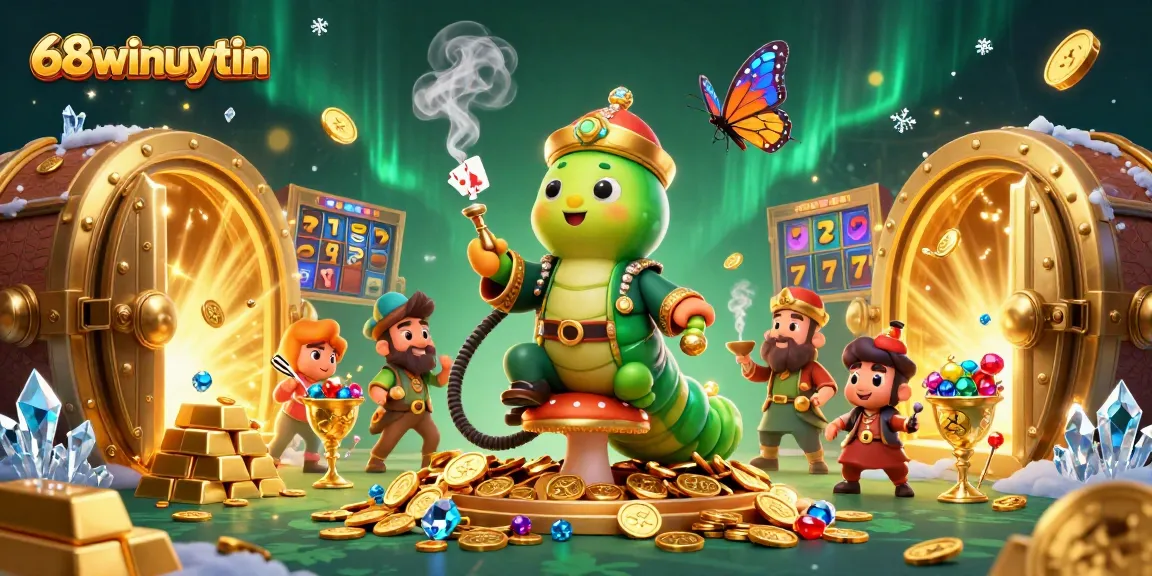 Engage with 68winuytin in a vibrant Asian casino scene featuring a caterpillar character and treasure elements.