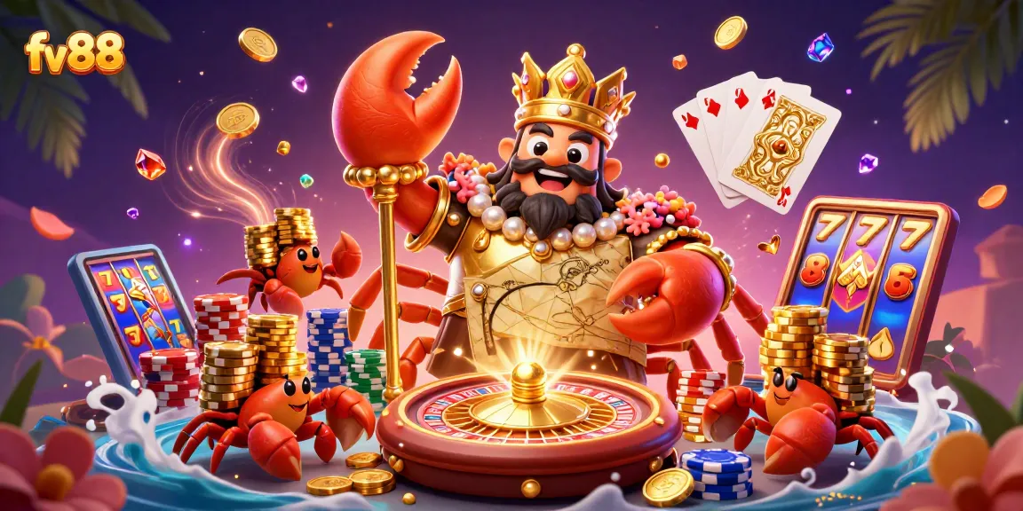 Join the fv88 gaming adventure with the golden crab emperor amidst cascading treasures and big wins.