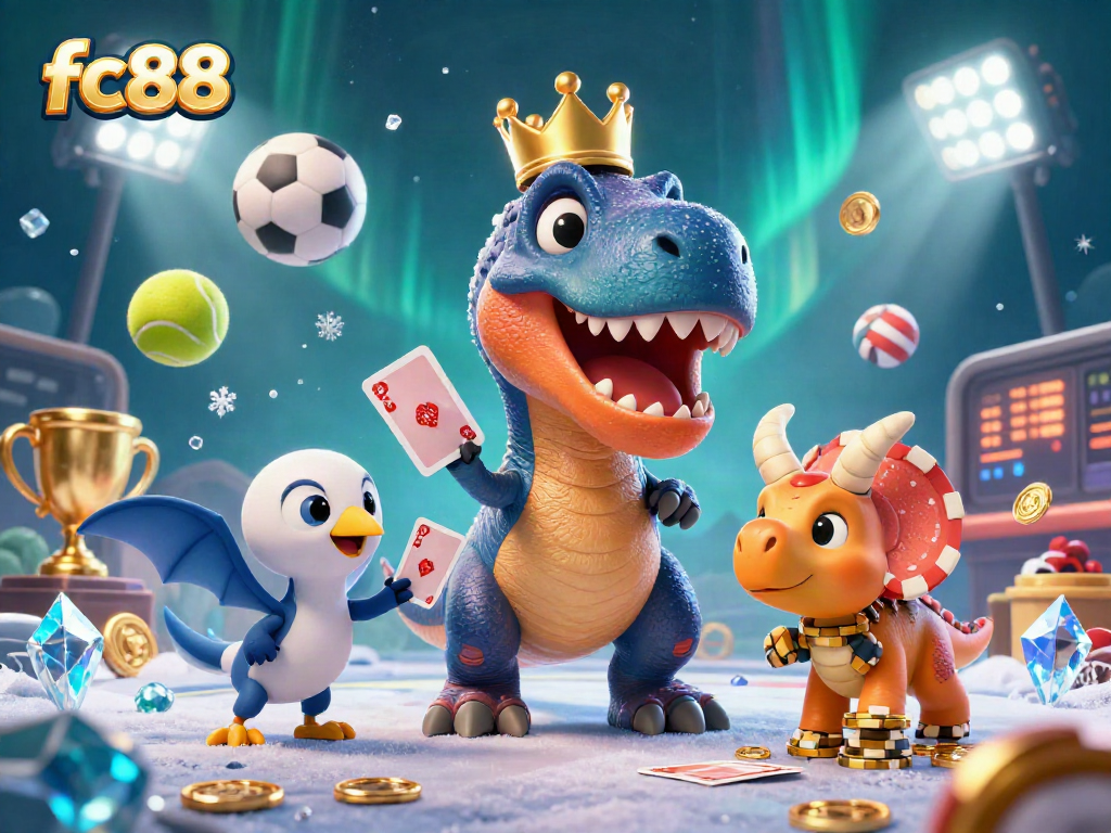 Các nhân vật thú vị tại fc88 đang chơi bài và xếp chip trong bối cảnh thể thao sôi động.