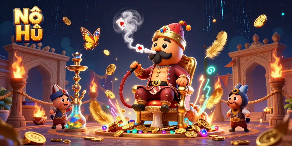 Nổ Hũ game illustration featuring a vibrant caterpillar character, casino elements, and gemstone effects.