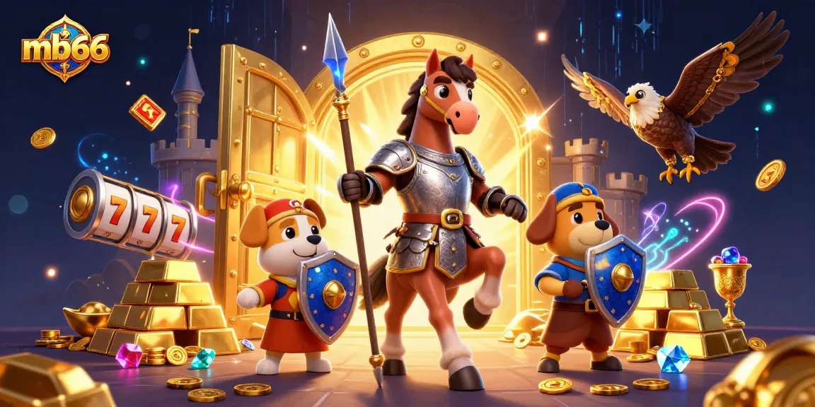 Engage with top-tier gaming action at mb66 featuring a knight, puppy, and falcon amidst slots and treasures