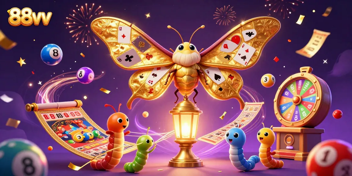 Experience the thrill of betting with 88vv as golden moths fly through a vibrant casino world.