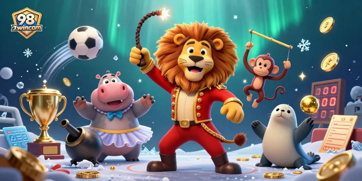 Engage with 98wincom's thrilling gaming universe featuring circus characters and dynamic sports elements.