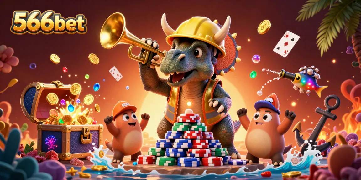 Cheerful dinosaurs celebrating winnings at 566bet casino with gold and colorful gems.