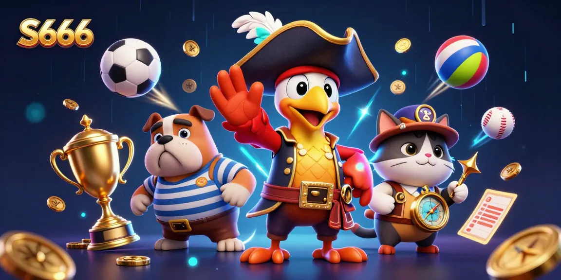 S666 casino scene featuring a pirate captain parrot and dog while celebrating wins with dynamic sports elements.