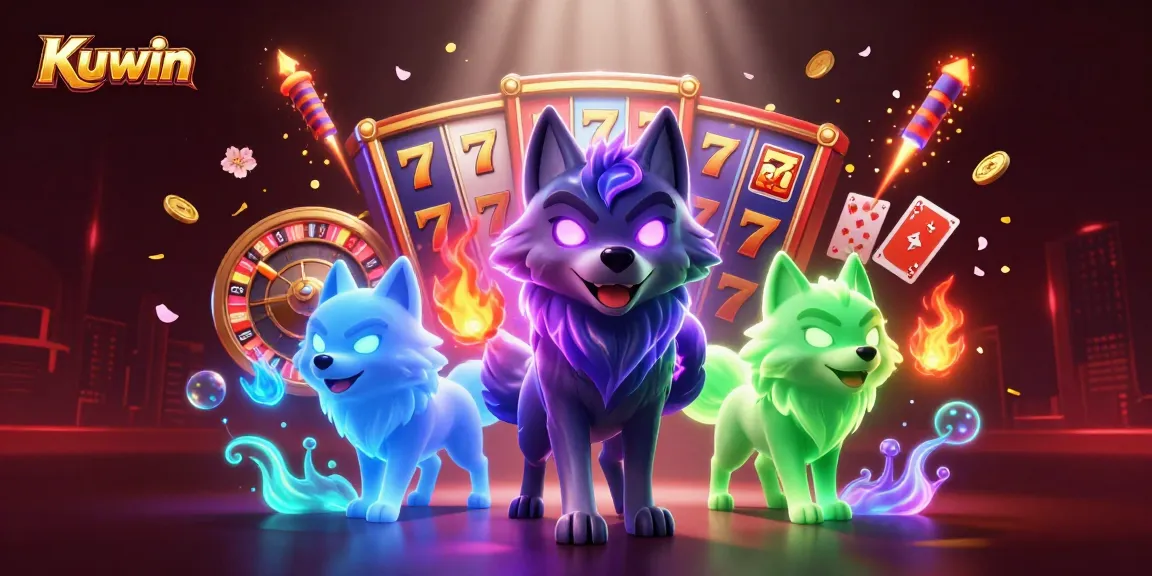 Kuwin showcases bold 3D illustrations of a shadow wolf and casino elements, enhancing gaming excitement.