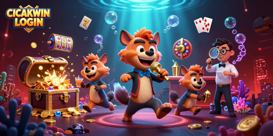 Experience thrilling games with CICAKWIN LOGIN as hyena characters entertain in a vibrant casino scene.