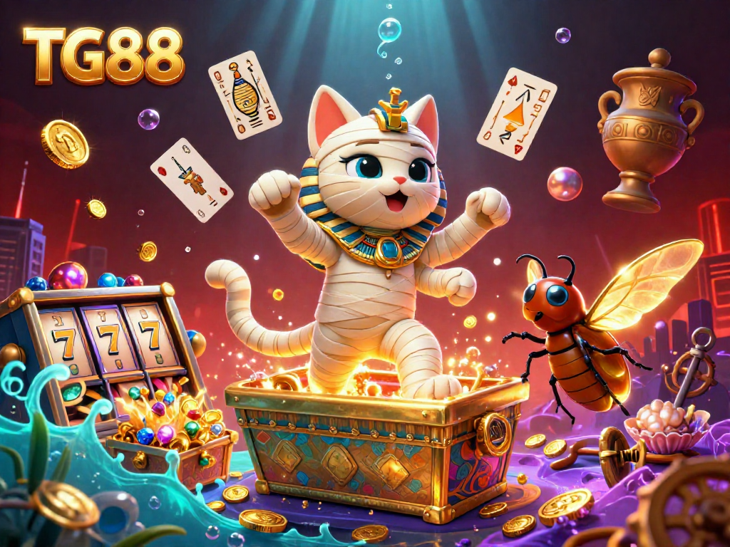 Experience the thrilling world of TG88 with a vibrant casino scene featuring a cartoon mummy cat, golden treasures, and dynamic slot reels.