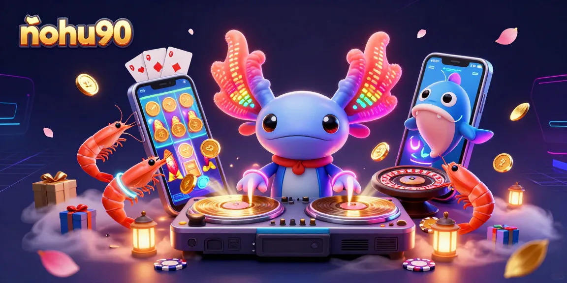 Nohu90 spins to victory with vibrant neon characters, showcasing exciting casino games and winning slots.