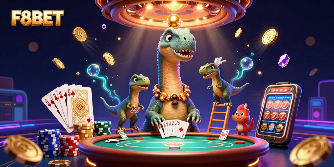 F8BET offers a vibrant casino experience with a whimsical dinosaur and dynamic game elements showcasing thrilling gameplay.