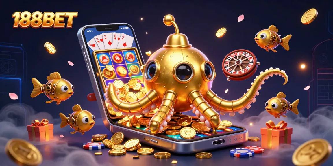 Experience thrilling gameplay with 188BET's golden kraken submarine amidst golden coins and dynamic casino elements.