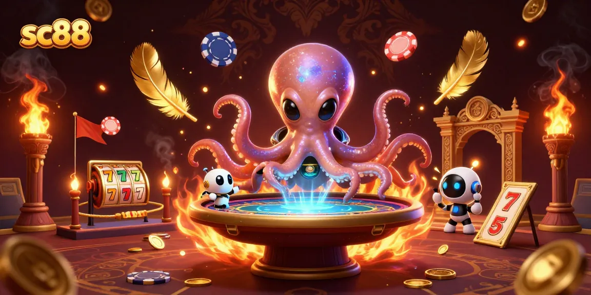 Experience thrilling action at sc88 with a vibrant alien octopus and holographic poker table in an exciting casino scene.