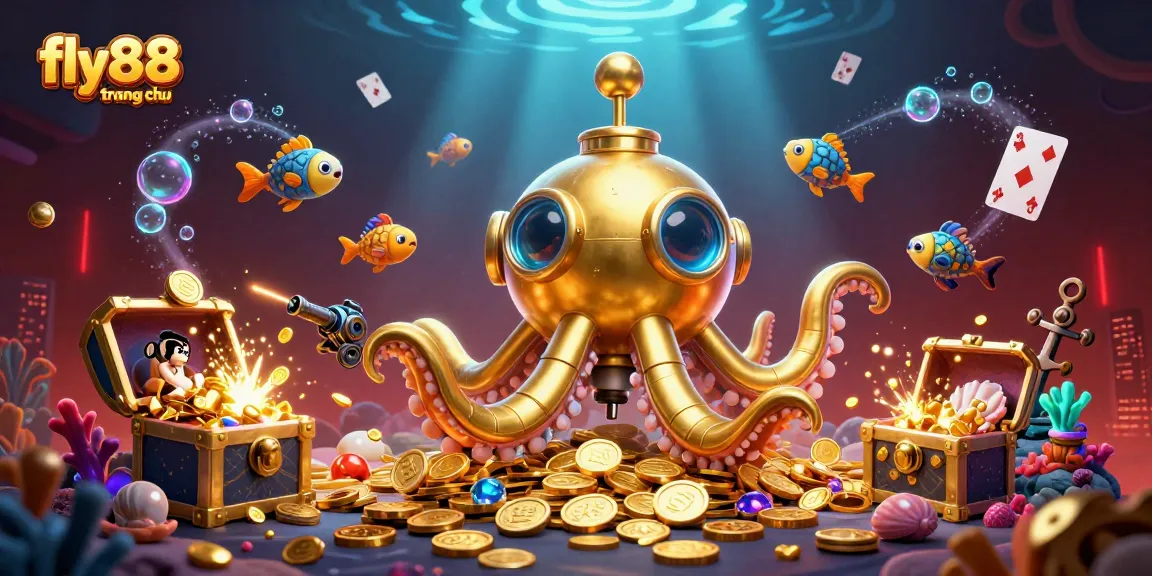 Engage with fly88 trang chủ in a dynamic underwater casino scene featuring a golden kraken submarine.