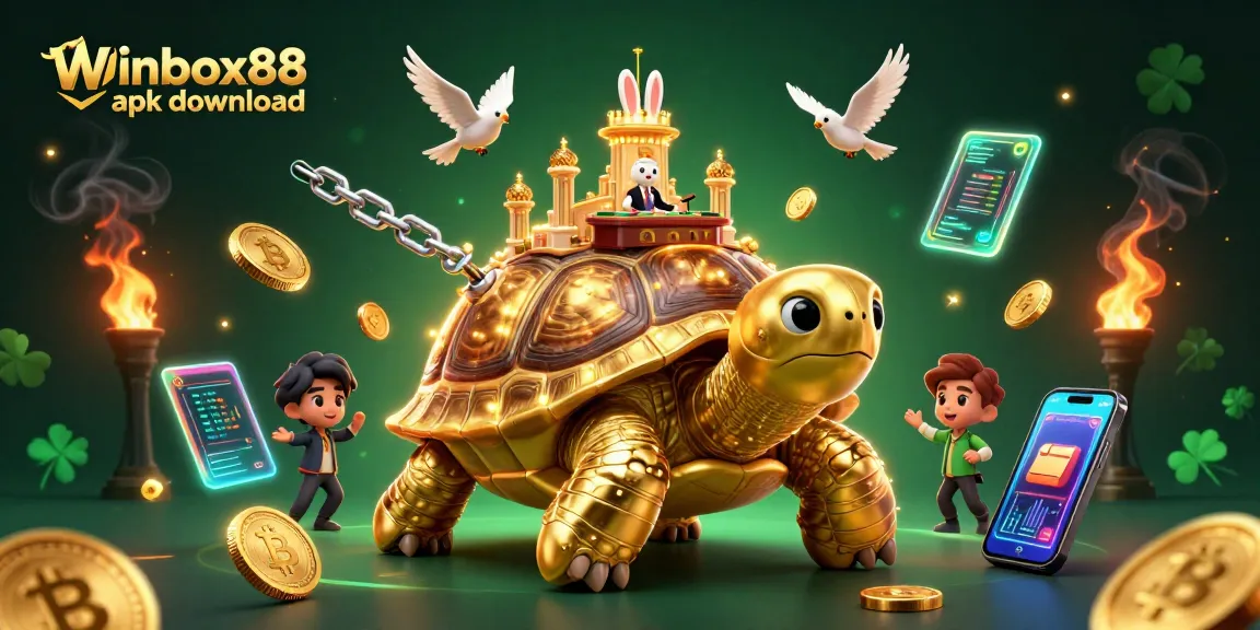 Winbox88 apk download showcases a vibrant casino scene featuring a golden tortoise and rabbit dealer.