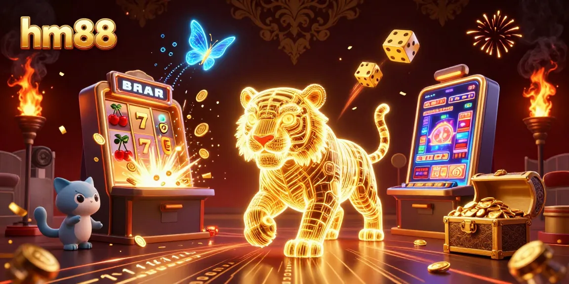 Experience thrilling gameplay at hm88 with a vibrant casino scene featuring slot machines and golden energy.