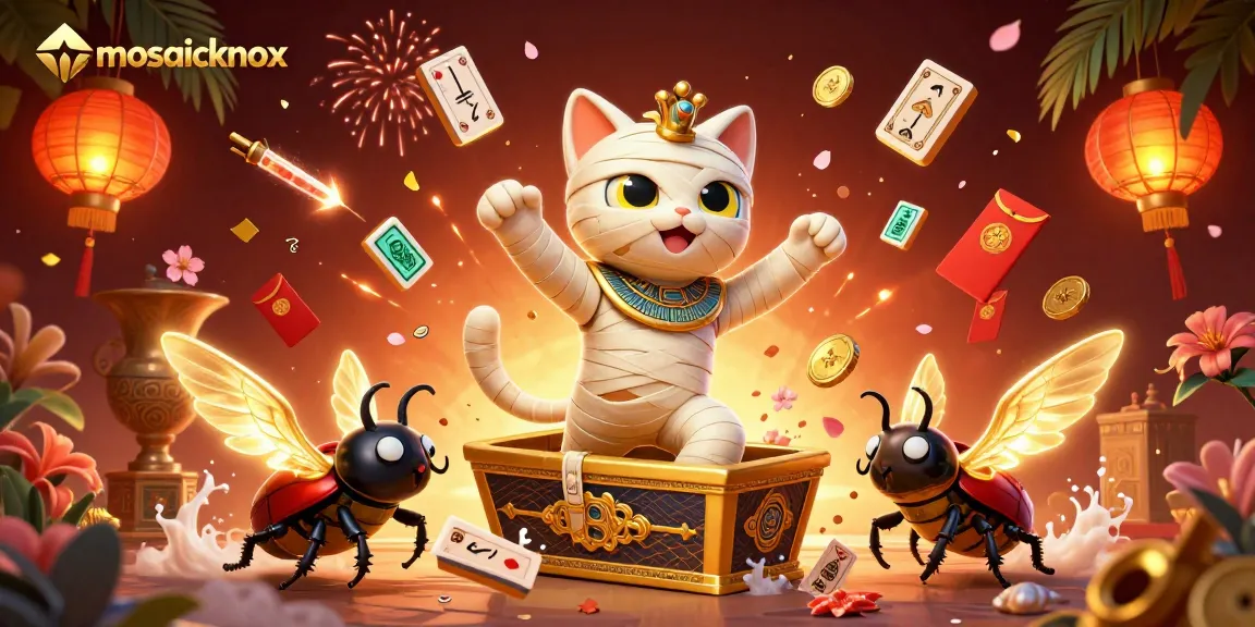 Spin the reels at mosaicknox with a vibrant 3D casino scene featuring a mummy cat and lucky symbols.