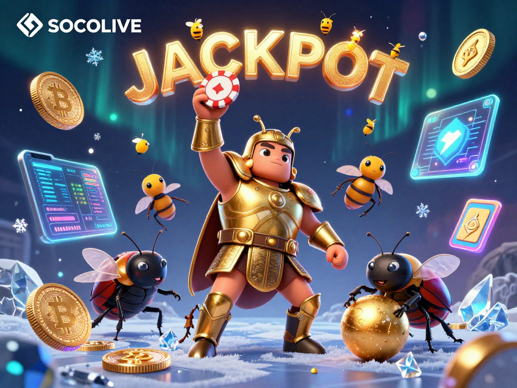 SOCOLIVE showcases excitement with a victorious beetle lifting a poker chip in a vibrant digital casino scene.
