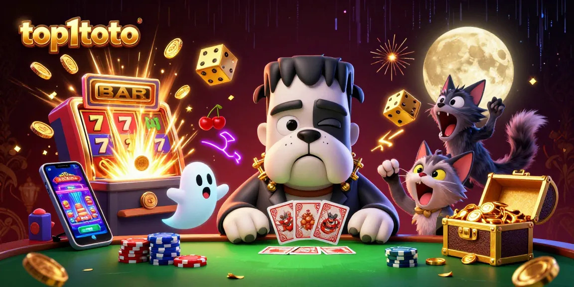 Menangkan jackpot di top1toto saat Frankenstein bulldog dan kucing werewolf bermain kartu.