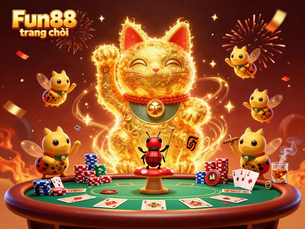 Experience dynamic gaming with Fun88 trang chủ featuring a lucky cat and poker elements, illustrating casino excitement.