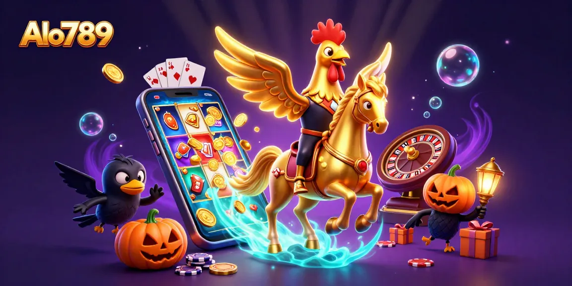 Alo789 showcases a golden rooster headless horseman amidst a vibrant casino scene, spinning reels, and glowing lanterns.