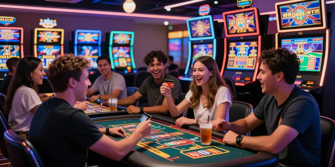 Exciting gaming scene at credit card casinos with players using cards for instant deposits, vibrant atmosphere.