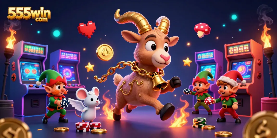 Engage with 555win com as Krampus and whimsical characters create a vibrant casino atmosphere.