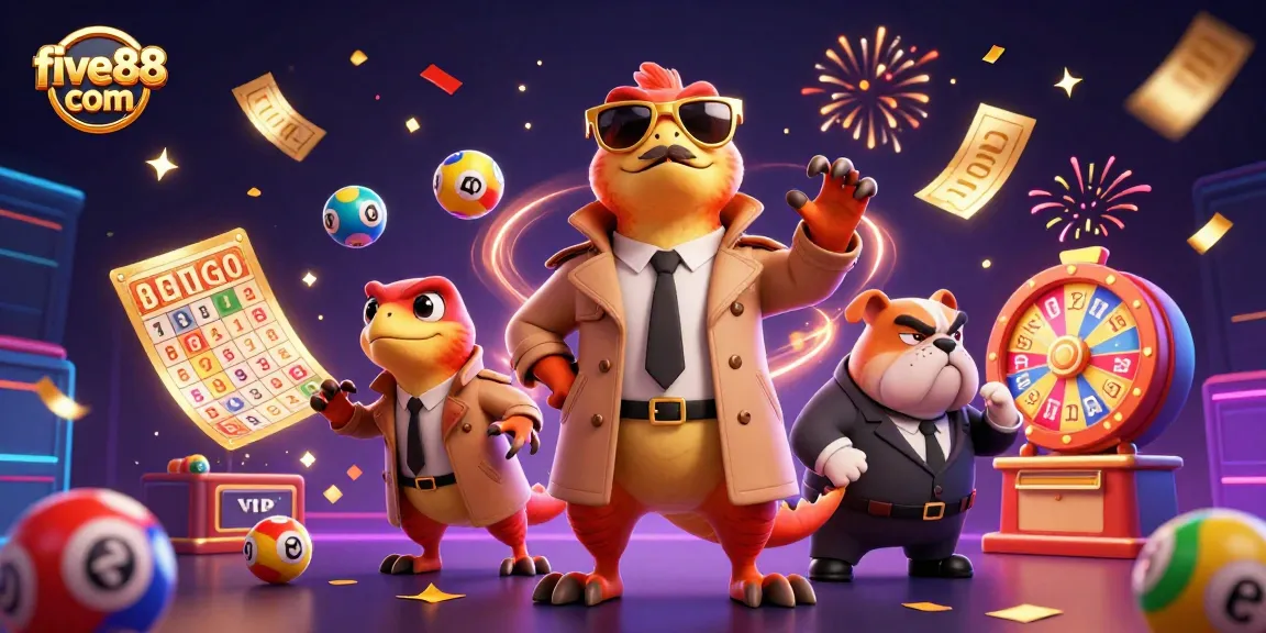 Experience five88 com's lively VIP casino scene with raptors and colorful lottery elements.