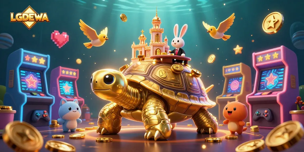 Experience the thrill of LGODEWA with vibrant slot games featuring golden tortoise, rabbit dealer, and arcade elements.
