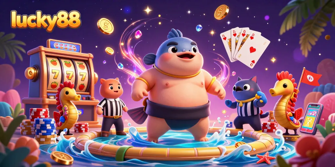 Experience lucky88 excitement with a lively 3D underwater casino scene featuring vibrant characters and game elements.