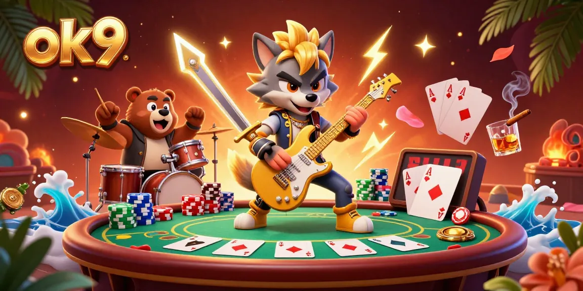Experience thrilling action at ok9 casino with a rock star wolf and drummer bear amidst vibrant scenes.