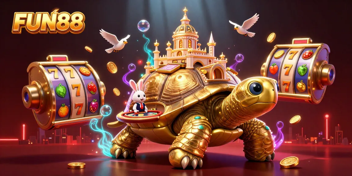Experience fun and excitement with FUN88 casino games and vibrant visuals showcasing spinning slot reels.