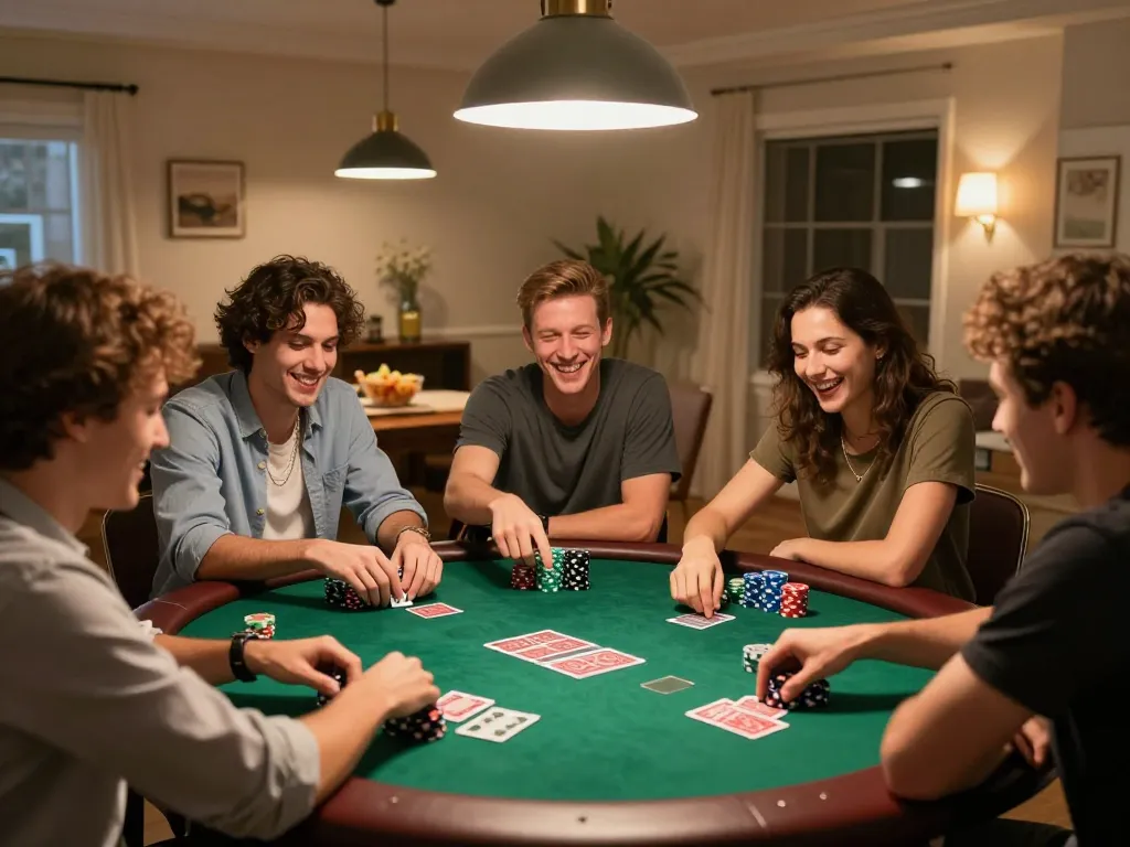 A lively poker game at home with friends enjoying O8 com's strategies for winning.