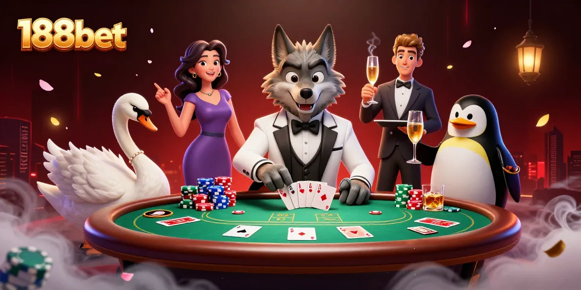 Engage with 188bet's thrilling casino scene featuring a wolf, swan, and penguin.