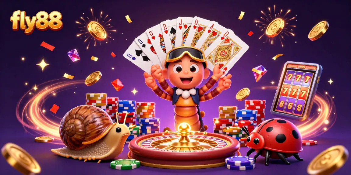 Experience the excitement of fly88 with a casino-themed illustration showcasing vibrant characters, cards, and coins.