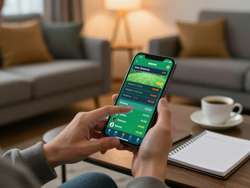 Exciting moments at nhà cái mb66 with a player engaged in mobile sports betting from a cozy setting